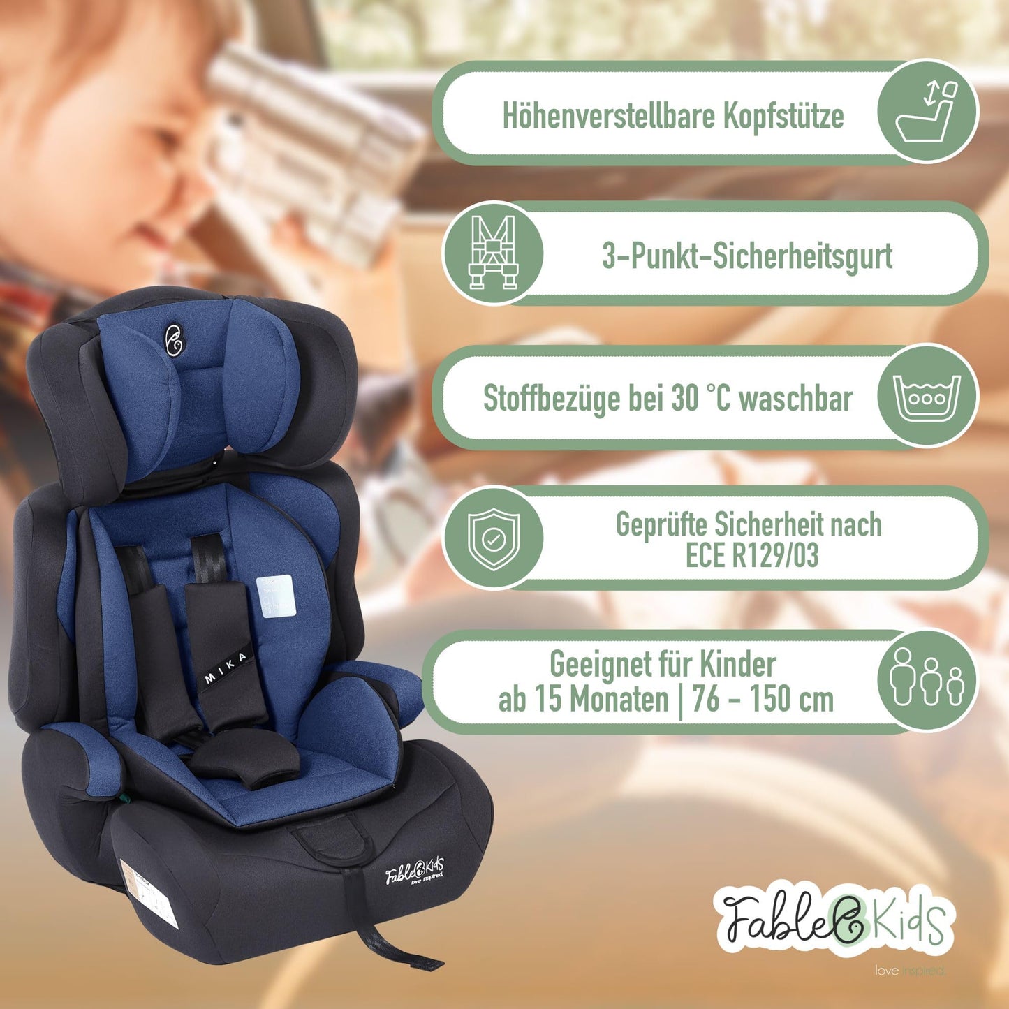 FableKids Kinderautositz 9-36 kg | 3-Punkt-Sicherheitsgurt | Autokindersitz ab 15 M. | Autositz für Kinder 76-150 cm | Kindersitz einstellbare Kopfstütze ECE R129/03 | Verstellbar | Schwarz