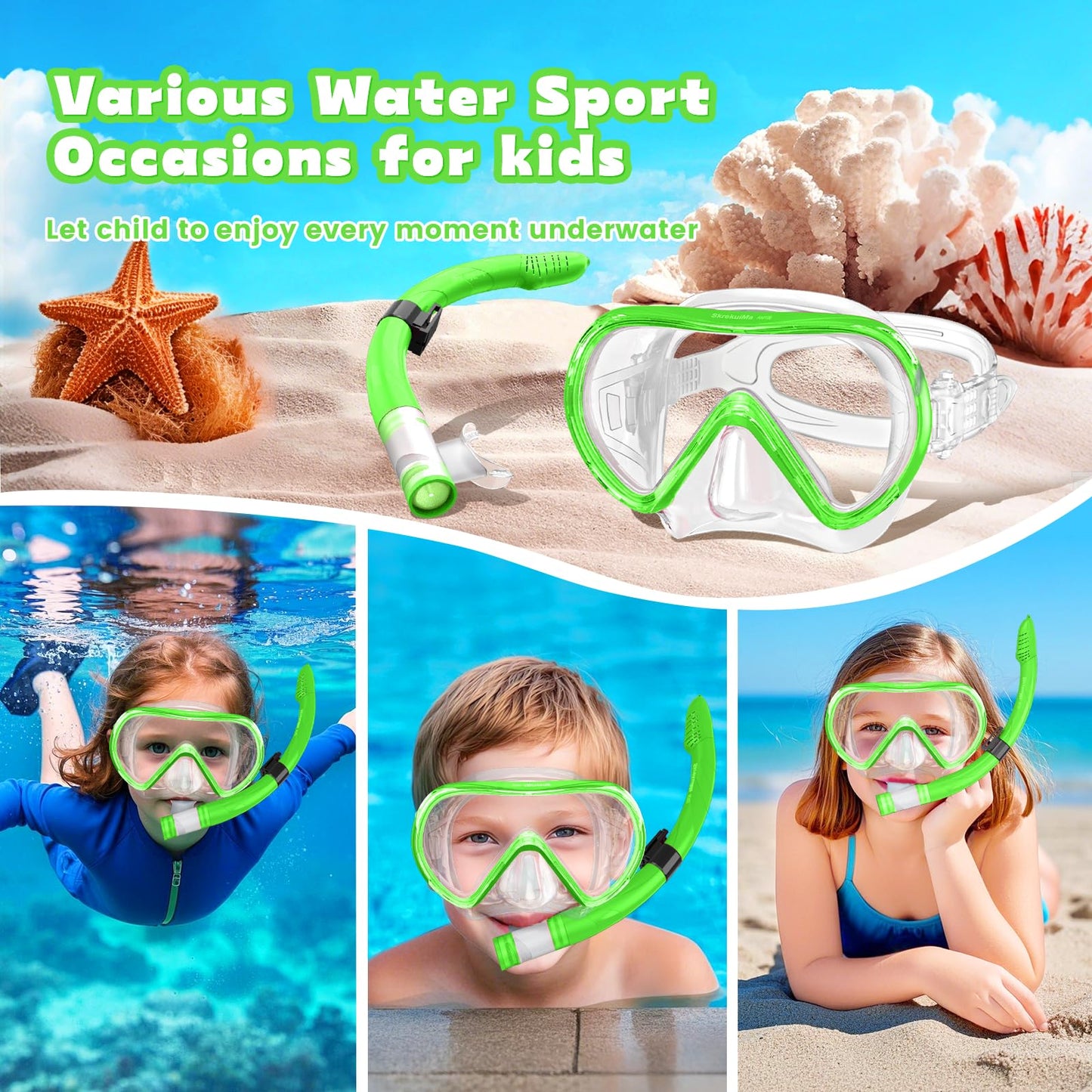 SkrekuiMa Taucherbrille Kinder | Schwimmbrille Kinder Schnorchelmaske Anti-Fog Anti-Leck | Tauchmaske Kinder 180°Panorama HD Tempered Glas für Kinder 4-12 Jahre Jungen Mädchen