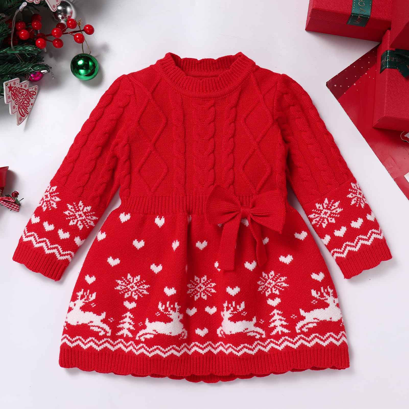 FYMNSI Baby Girls' Christmas Jumper Knitted Dress Long Sleeve Knitted Dress Warm Autumn Winter Christmas Dress Party Dress
