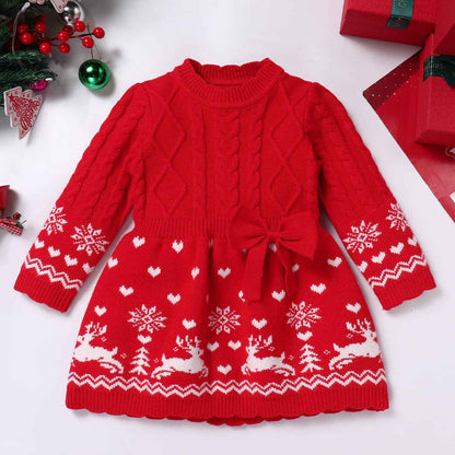 FYMNSI Baby Girls' Christmas Jumper Knitted Dress Long Sleeve Knitted Dress Warm Autumn Winter Christmas Dress Party Dress
