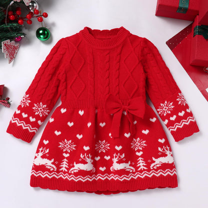 FYMNSI Baby Girls' Christmas Jumper Knitted Dress Long Sleeve Knitted Dress Warm Autumn Winter Christmas Dress Party Dress