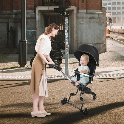 Buggy für Babys, ultraleicht, kompakt, faltbar und neigbar, von Geburt bis 25 kg, mit Trolley-System, Regenschutz inklusive, ausziehbarer Haube, C-schwarz