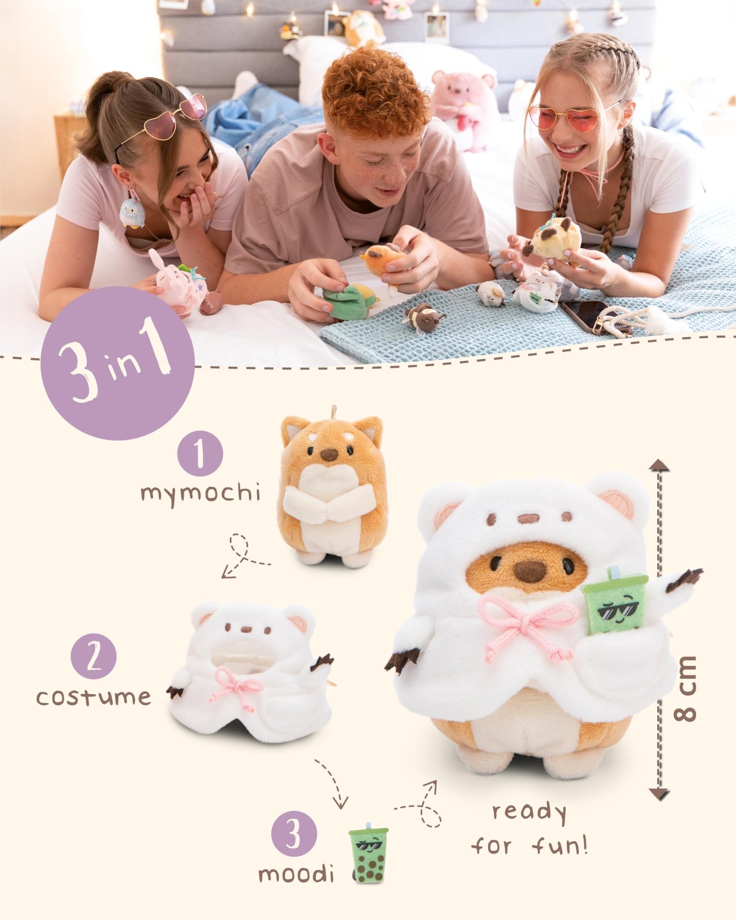 NICI MYMOCHI Kuscheltier Set - Kuscheltier Bär Nomo 8 cm mit Pommes und Bienenkostüm in Geschenkbox, Flauschiges Stofftier zum Kuscheln, Spielen und Liebhaben - 61142