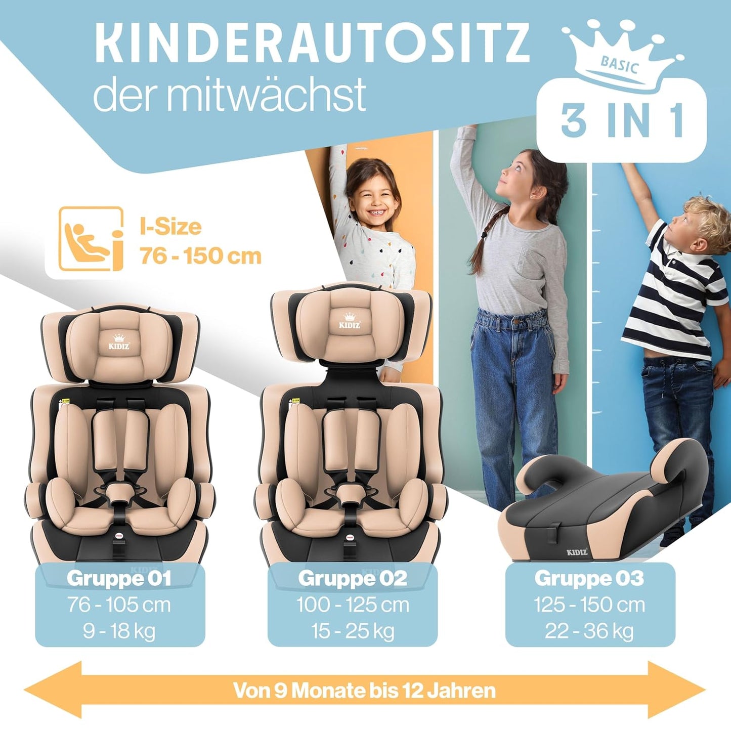 Autokindersitz mit Isofix i-Size R129 100-150cm bis 12 Jahre, Kinderautositz Gruppe 1/2/3, mitwachsender Kindersitz, 5-Punkt-Gurt & höhenverstellbare Kopfstütze, Sitzerhöhung Auto, Schwarz
