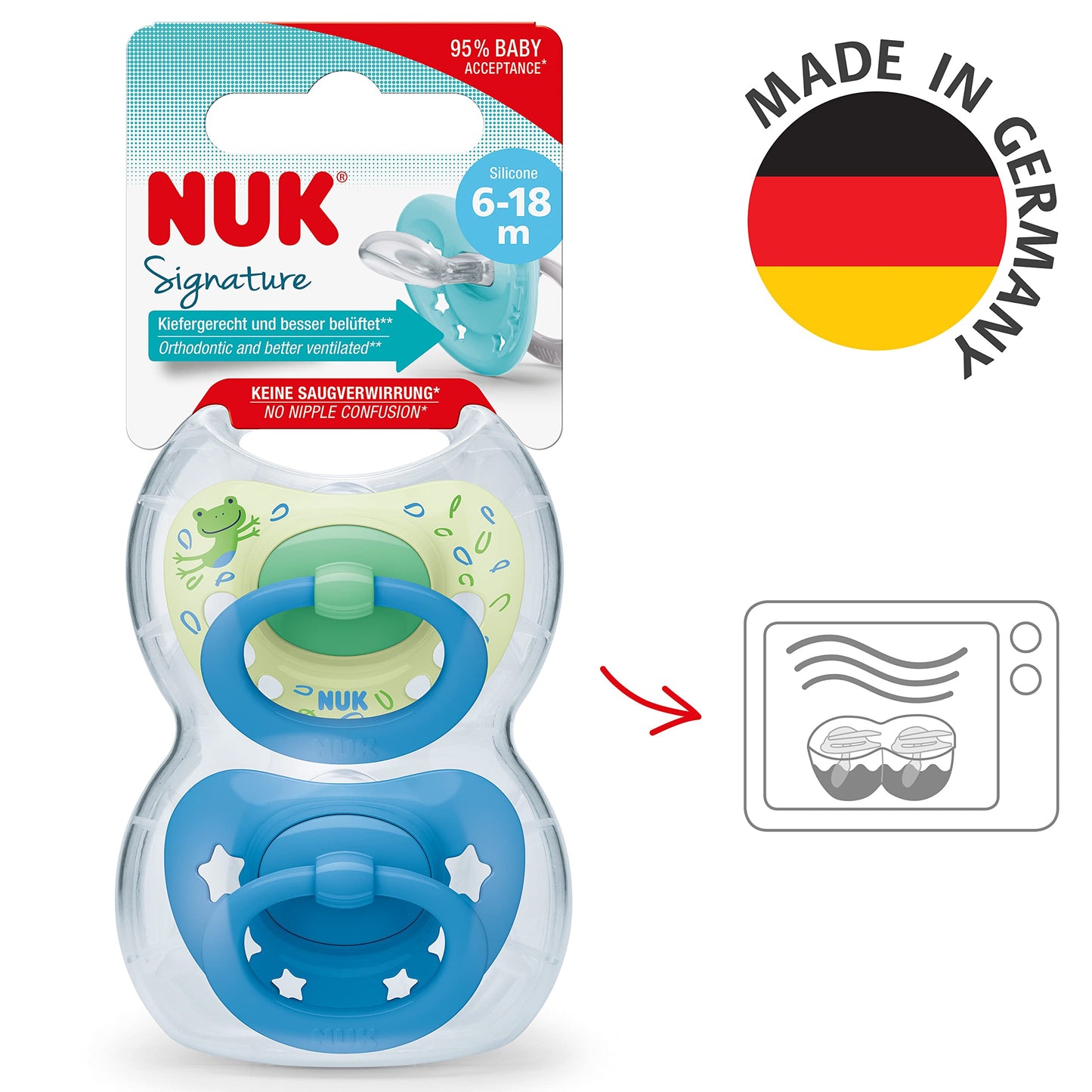 NUK Signature Baby Pacifier | 0-6 Months | Soothes 95% of Babies | BPA Free Silicone Heart-Shaped Pacifier | With Case | Green Stars | Pack of 2
