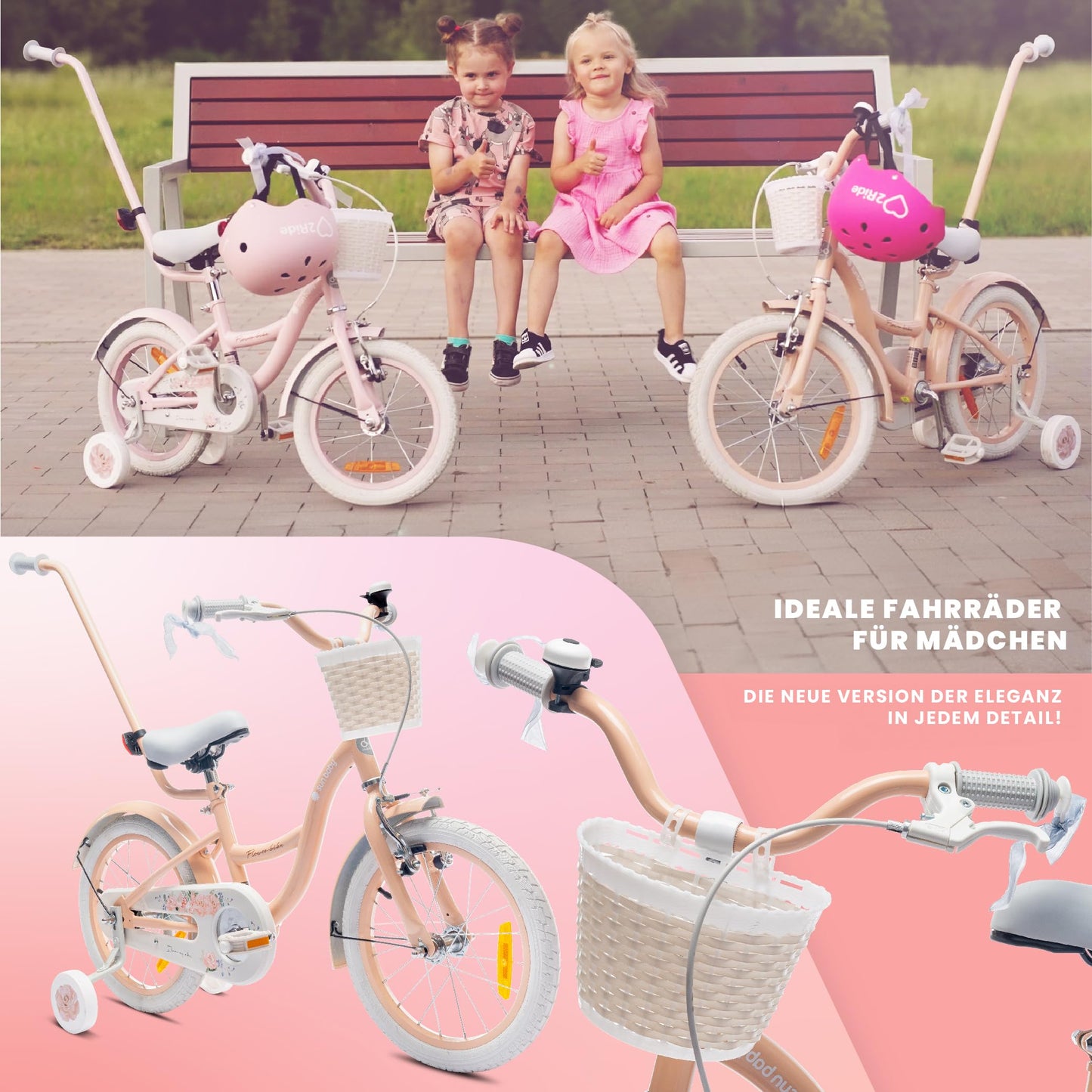 sun baby Mädchenfahrrad Flower Bike Radgröße zur Auswahl, mit Abnehmbarer Schubstange, Kinderfahrrad für Mädchen von 2 bis 6 Jahre