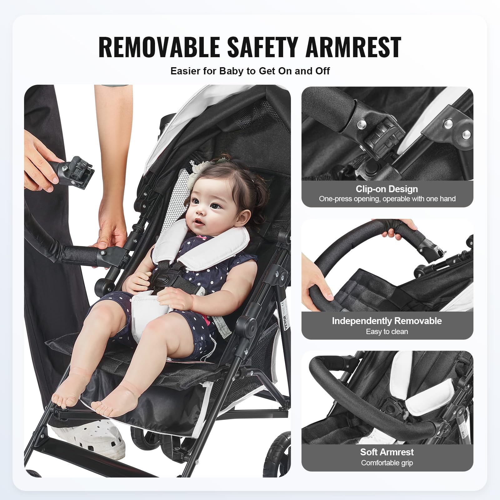 VEVOR Leichter Kinderwagen, kompakt, einfach zusammenklappbar, mit verstellbarer Rückenlehne, Rahmen aus Karbonstahl, großem Aufbewahrungskorb, Kinderwagen mit Schirm für Reisen und mehr, Schwarz/Weiß - Meloni2