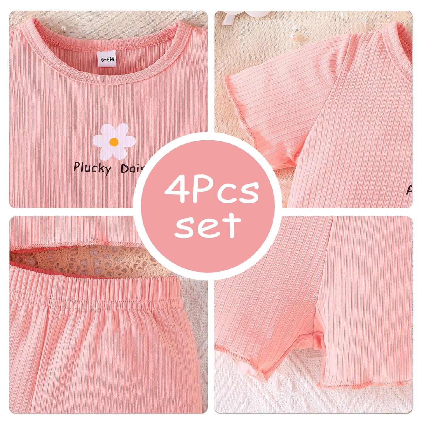 Kleinkind Baby Mädchen Kleidung Set Rüschen gerippt Kurzarm / Langarm T-Shirt Tops + Shorts Hosen 4 Stück Sommer Herbst Süße Outfits Set