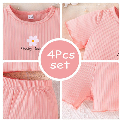 Kleinkind Baby Mädchen Kleidung Set Rüschen gerippt Kurzarm / Langarm T-Shirt Tops + Shorts Hosen 4 Stück Sommer Herbst Süße Outfits Set