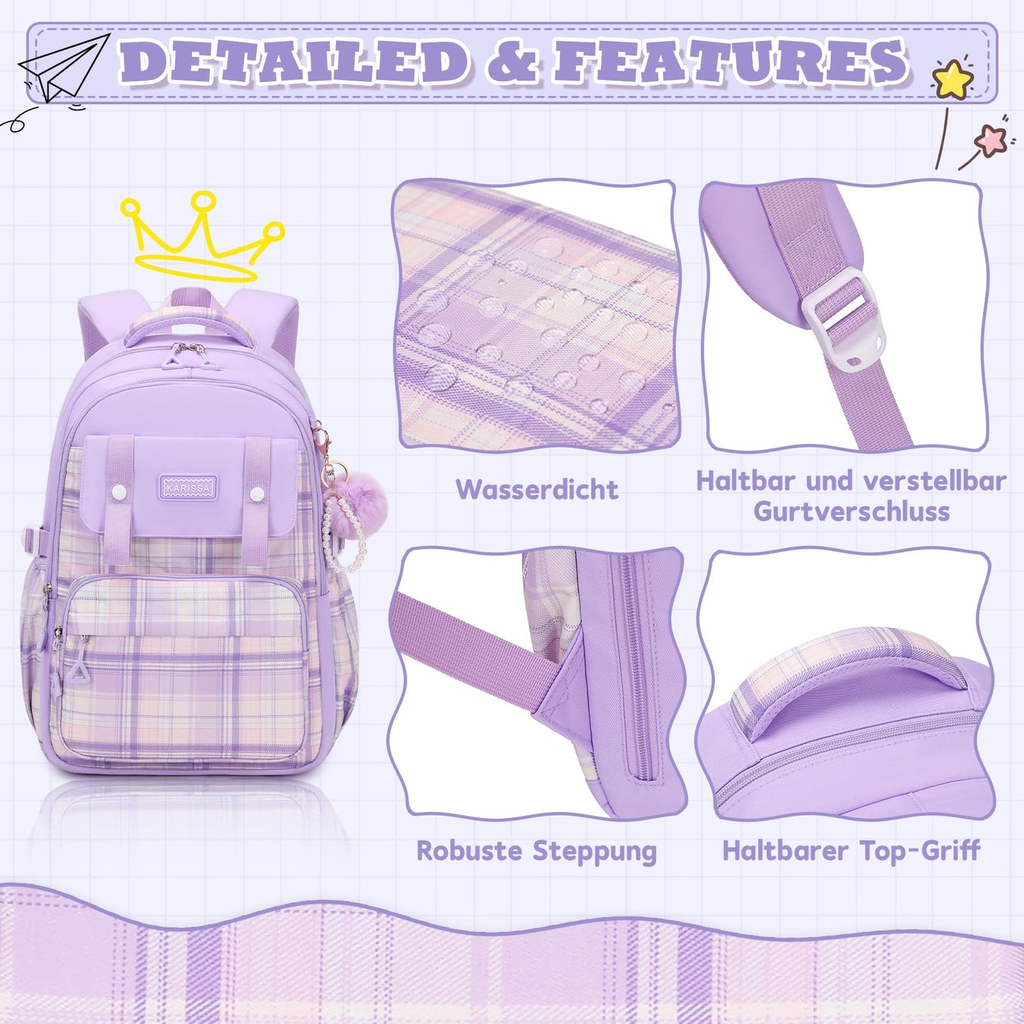 Rucksack mädchen 22L ergonomisch mit reflektierenden Streifen | Wasserdichtes Karogewebe, atmungsaktives 3D-Rückenpolster, zahlreiche getrennte Fächer, passend für 15,6-Zoll-Laptops