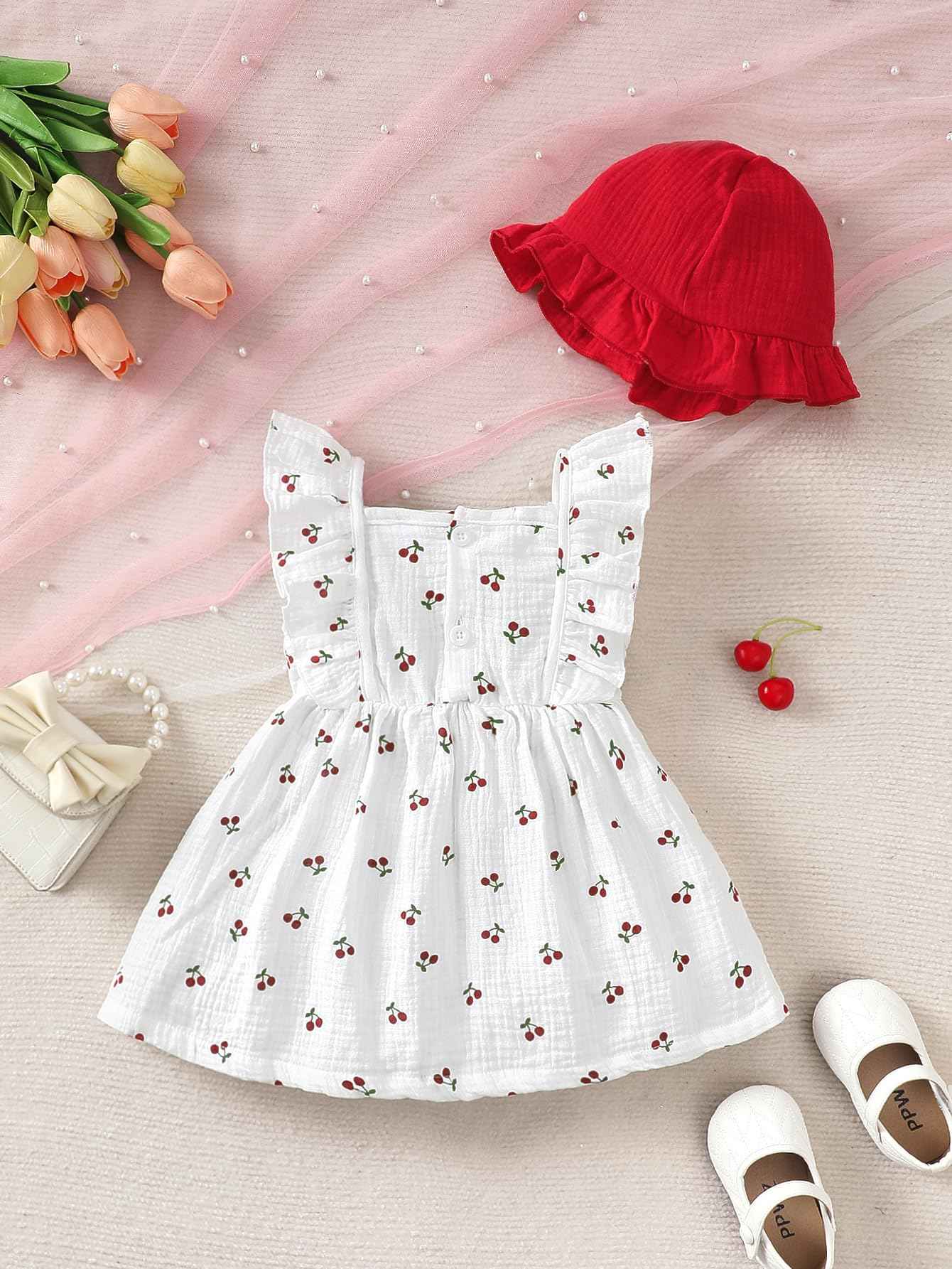 Kleinkind Baby Mädchen Sommer Kleid Outfit Rüschenärmel Herz/Blumenmuster Boho Kleider Niedliches Baby Sommerkleid mit Hut