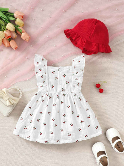 Kleinkind Baby Mädchen Sommer Kleid Outfit Rüschenärmel Herz/Blumenmuster Boho Kleider Niedliches Baby Sommerkleid mit Hut