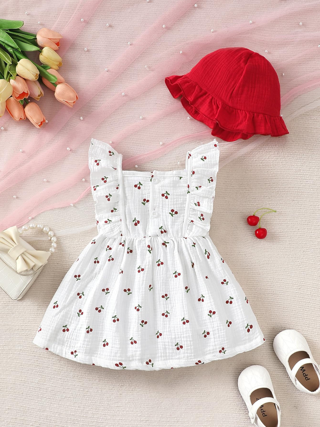 Kleinkind Baby Mädchen Sommer Kleid Outfit Rüschenärmel Herz/Blumenmuster Boho Kleider Niedliches Baby Sommerkleid mit Hut