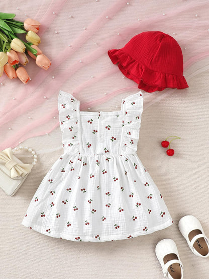 Kleinkind Baby Mädchen Sommer Kleid Outfit Rüschenärmel Herz/Blumenmuster Boho Kleider Niedliches Baby Sommerkleid mit Hut