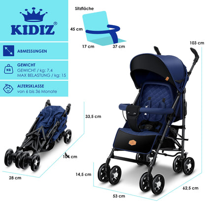 KIDIZ® City-Pro Pushchair Folding Pushchair Pushchair Sports Pushchair Foldable 360° 6 Inch Wheels Includes Mosquito Net, Footmuff and Rain Cover Foldable Sleep Function Blue 
