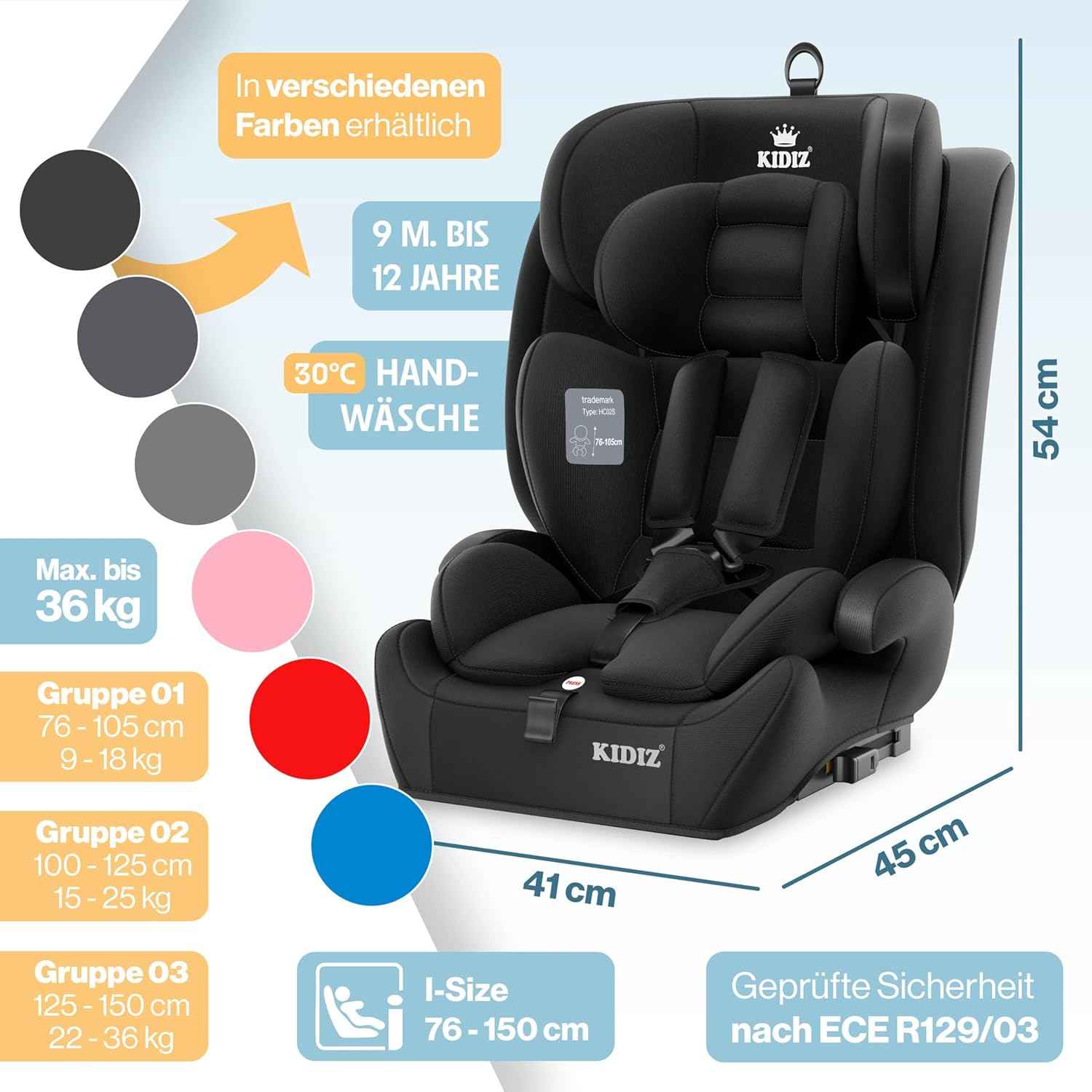 KIDIZ® Autokindersitz mit Isofix i-Size R129 100-150cm bis 12 Jahre, Kinderautositz Gruppe 1/2/3, mitwachsender Kindersitz, 5-Punkt-Gurt & höhenverstellbare Kopfstütze, Sitzerhöhung Auto, Schwarz