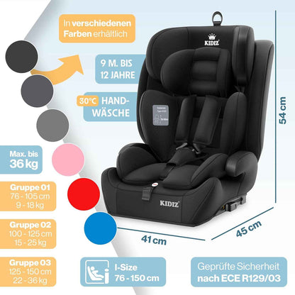 KIDIZ® Autokindersitz mit Isofix i-Size R129 100-150cm bis 12 Jahre, Kinderautositz Gruppe 1/2/3, mitwachsender Kindersitz, 5-Punkt-Gurt & höhenverstellbare Kopfstütze, Sitzerhöhung Auto, Schwarz