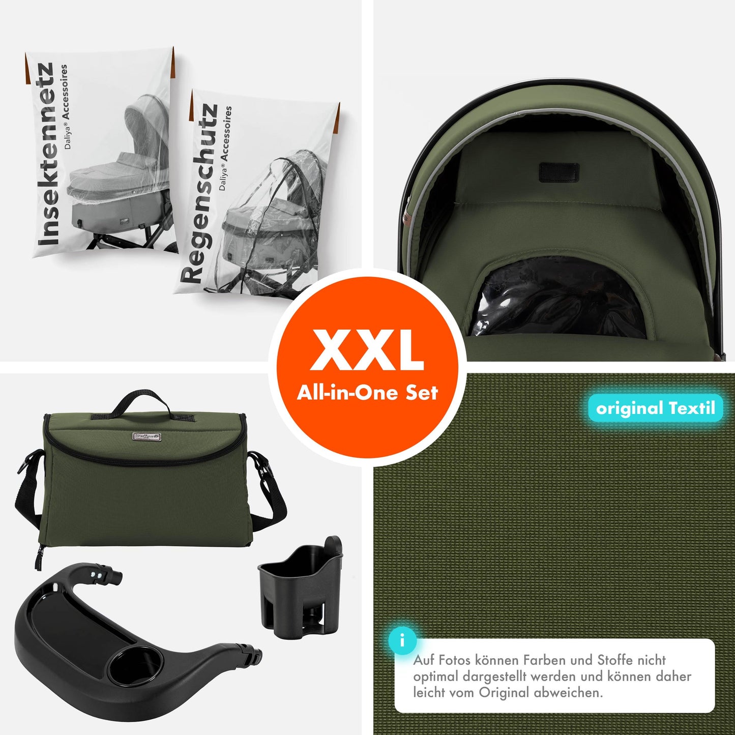 Daliya® FLEXI-PRO M 2in1 Kombikinderwagen & Buggy – XXL-Set, Reise-Kinderwagen mit Einhand-Abnahme, Wetterschutz, Sportsitz, Wickeltasche, Spieltisch, Regenschutz, dicke Matratze (Olivgrün)