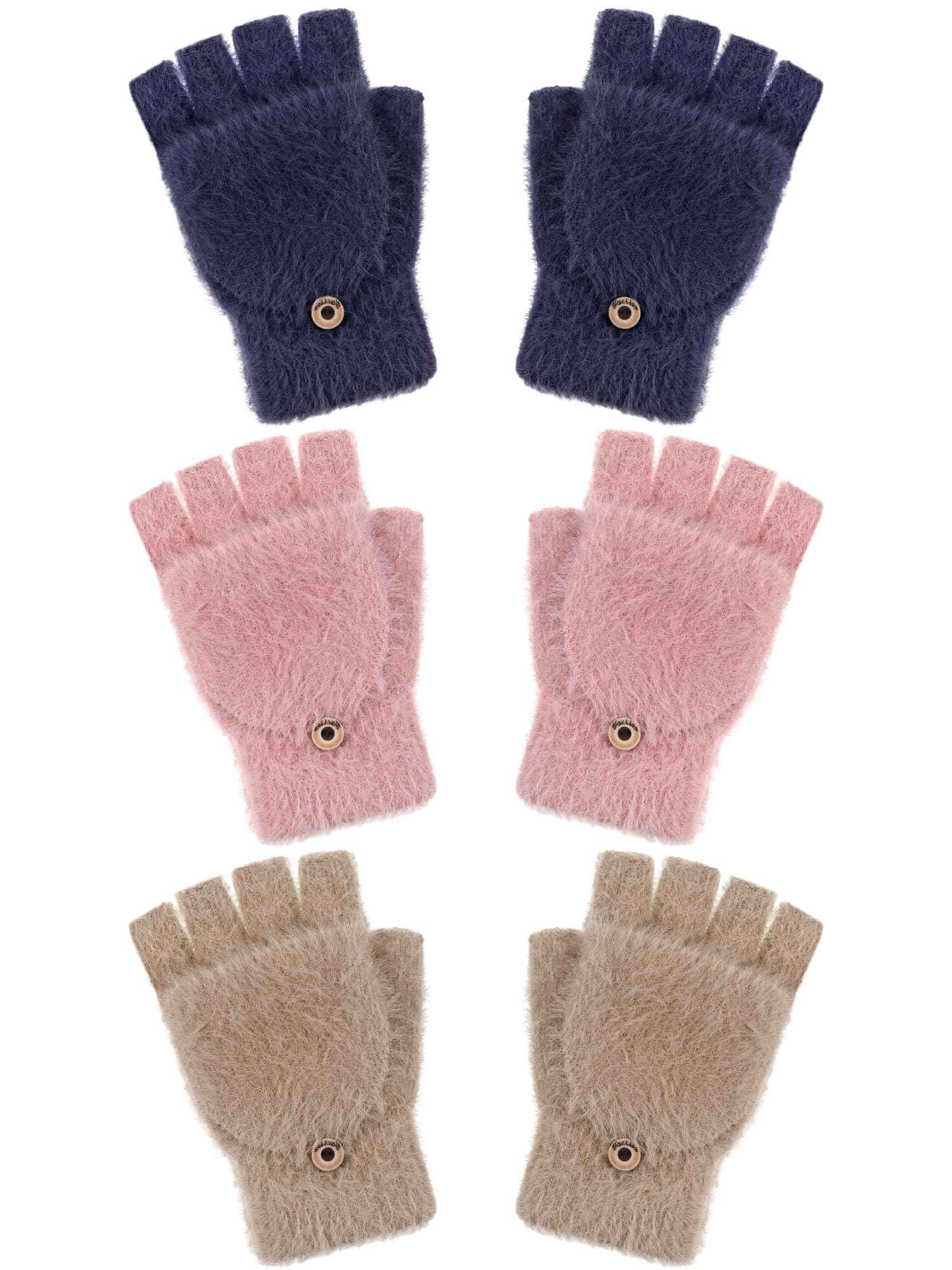 Geyoga 3er Pack Fingerlose Handschuhe mit Klappe Damen Winter Halbfinger Fäustlinge Handschuhe für Kinder