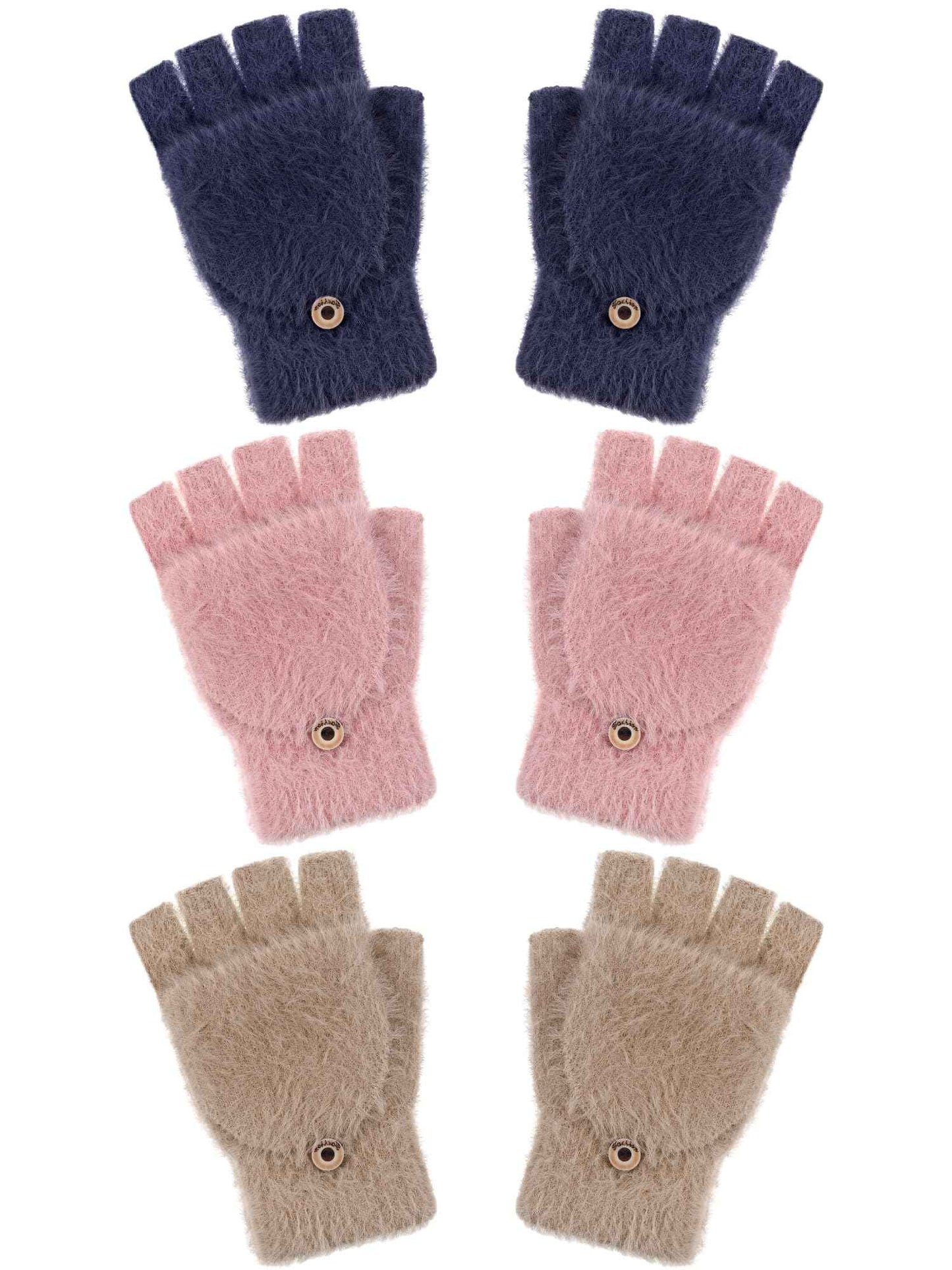 Geyoga 3er Pack Fingerlose Handschuhe mit Klappe Damen Winter Halbfinger Fäustlinge Handschuhe für Kinder