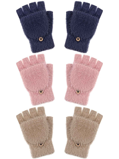 Geyoga 3er Pack Fingerlose Handschuhe mit Klappe Damen Winter Halbfinger Fäustlinge Handschuhe für Kinder
