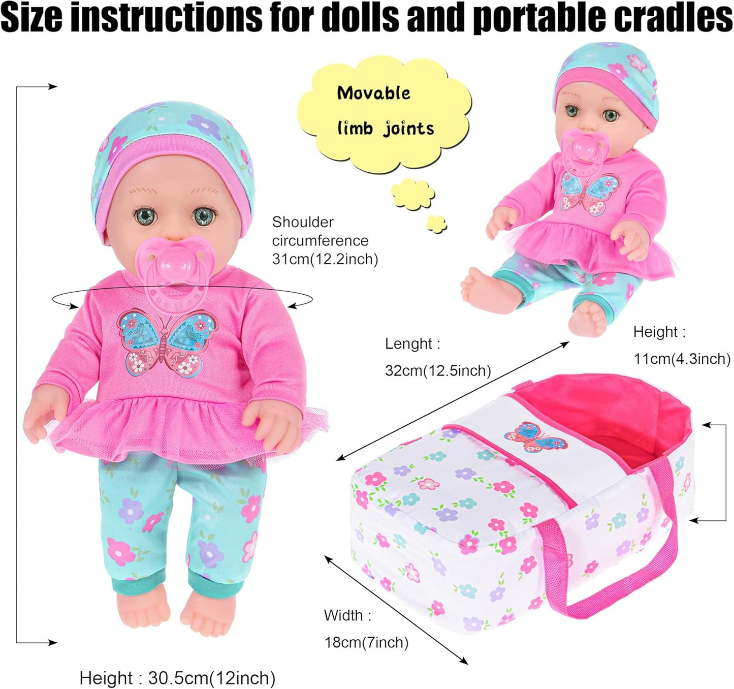 30 cm / 12 inch baby doll with outfits, feeding, nipple, rabbit toy and a hand cradle (including doll)