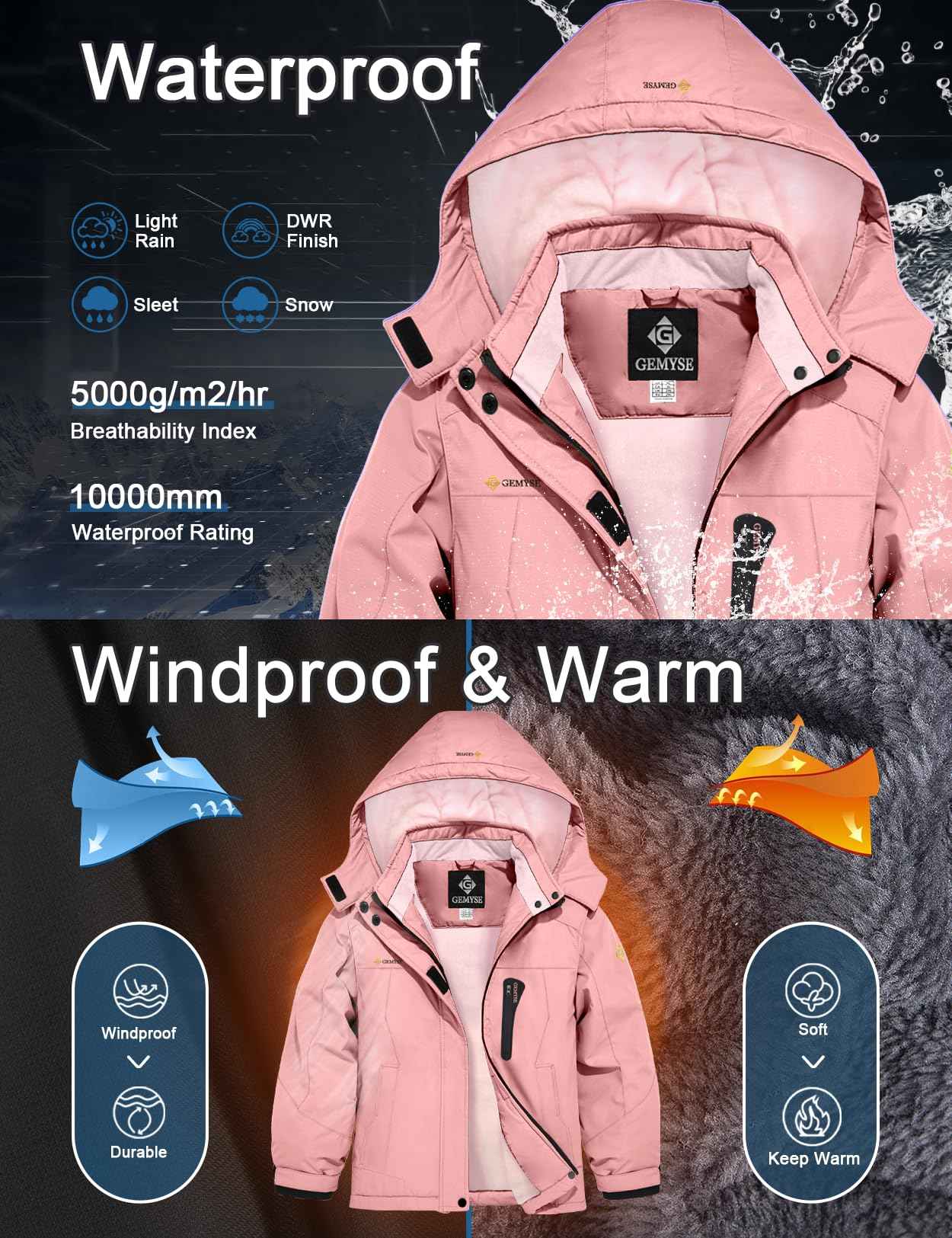 GEMYSE Girls' Waterproof Ski Jacket Windproof Fleece Outdoor Winter Jacket Rain Jacket with Hood
