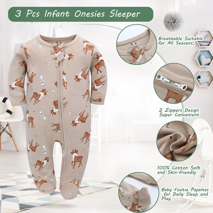 Neugeborenes Baby Jungen Mädchen Strampler mit Fuß Baby Schlafanzug Einteilige Lange Ärmel Overall Säuglings Frühling Herbst Body, 3er-Pack