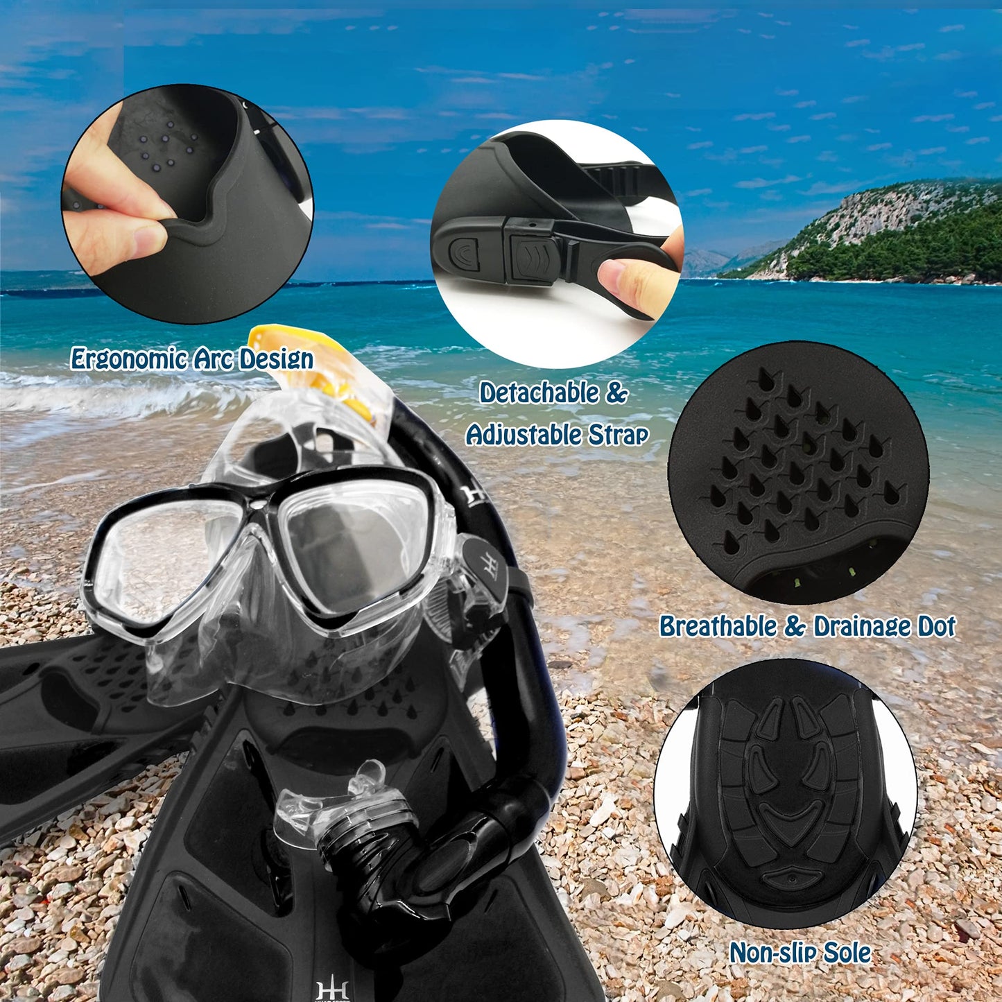 HH HHAO SPORT Children's snorkel set with fins, 180° panorama wide view diving goggles children, adjustable flippers, high-quality diving mask and dry top snorkel