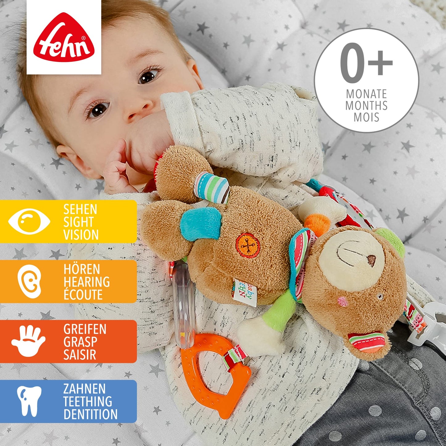 Fehn Activity-Spieltier Teddy – Baby Motorikspielzeug für Kinderwagen, Kinderbett und Babyschale zum Beißen, Greifen und Geräusche erzeugen – Beißring Spielzeug für Babys und Kinder ab 0+ Monaten
