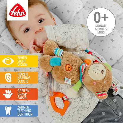 Fehn Activity-Spieltier Teddy – Baby Motorikspielzeug für Kinderwagen, Kinderbett und Babyschale zum Beißen, Greifen und Geräusche erzeugen – Beißring Spielzeug für Babys und Kinder ab 0+ Monaten