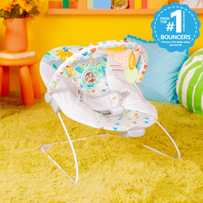 Bright Starts, Babywippe Babyschaukel Safari Fun mit Beruhigenden Vibrationen, Spielbogen mit 2 Spielzeugen, 3-Punkte-Gurt Sitz, Maschinenwaschbares Sitzpolster, ab der Geburt bis 9kg
