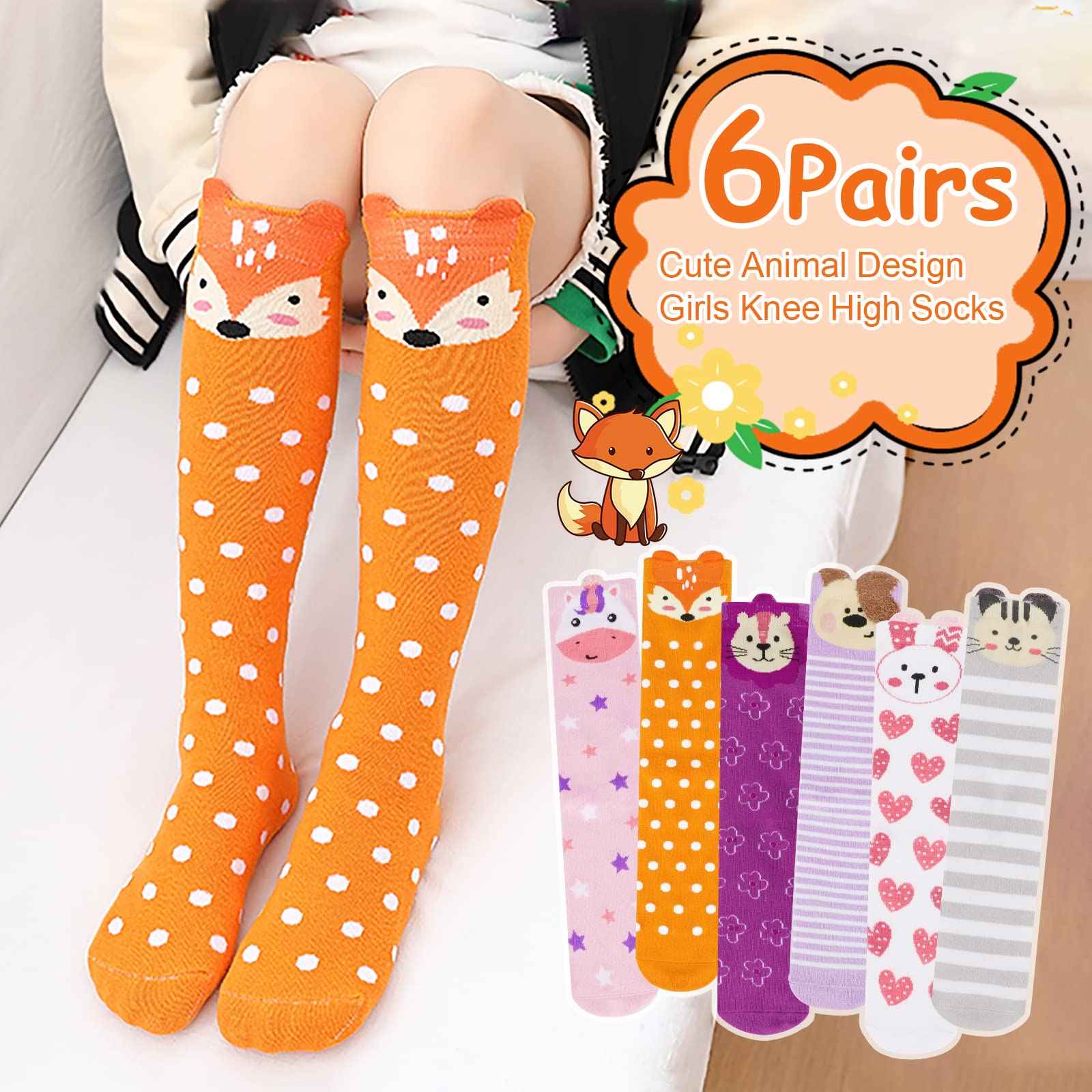 PHOGARY 6 Pairs of Knee Socks for Girls, Cute Socks Colourful Socks Children, Warm Knee Socks Children, Medium Calf Length, Long Knee Socks Girls from 3 to 12 Years, One Size