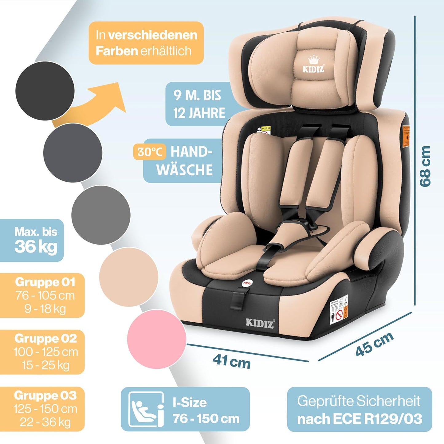 Autokindersitz mit Isofix i-Size R129 100-150cm bis 12 Jahre, Kinderautositz Gruppe 1/2/3, mitwachsender Kindersitz, 5-Punkt-Gurt & höhenverstellbare Kopfstütze, Sitzerhöhung Auto, Schwarz
