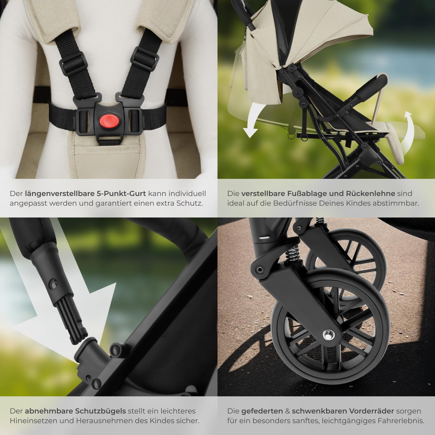 tectake® Buggy Kinderwagen von 0 bis 3 Jahre, Wagen für Baby Erstausstattung Neugeborene und Kinderbuggy, einhändig faltbarer Reisebuggy, Reisekinderwagen, Baby Wagen mit Verdeck - grau/beige - Meloni2