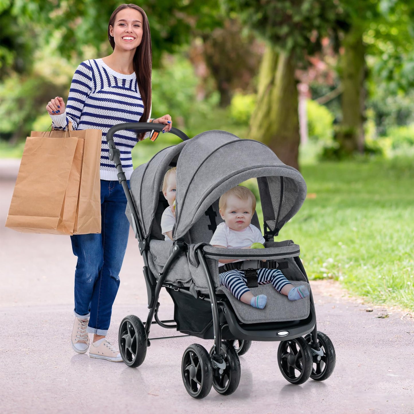 COSTWAY Folding Double Pushchair, Twin Pushchair with Adjustable Backrest and Hood, Travel Buggy with Reclining Function, Twin Buggy Pushchair for Baby from 6 Months, 30 kg Load Capacity (Grey)