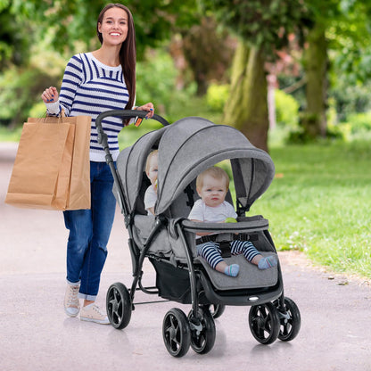 COSTWAY Folding Double Pushchair, Twin Pushchair with Adjustable Backrest and Hood, Travel Buggy with Reclining Function, Twin Buggy Pushchair for Baby from 6 Months, 30 kg Load Capacity (Grey)