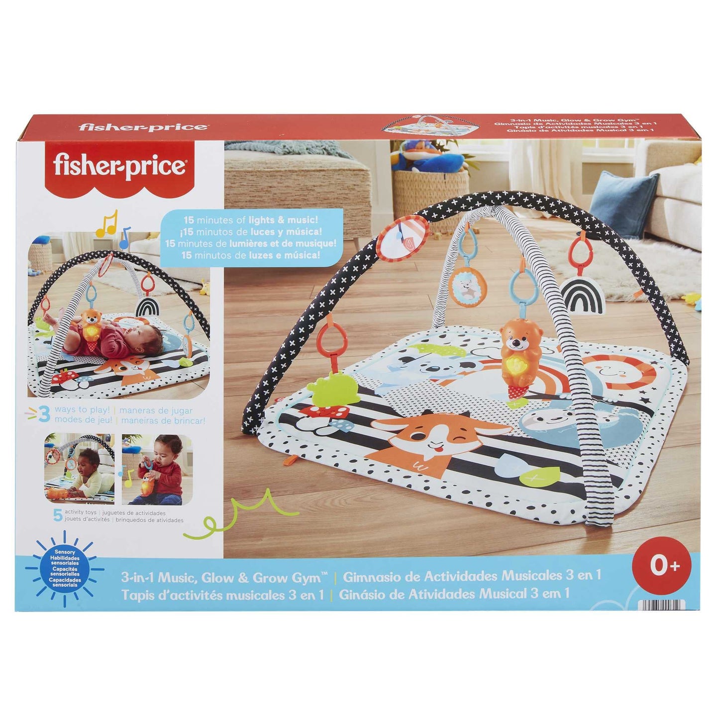 Fisher-Price Animal Friends Contrast Play Mat, Play Arch, with Music and Light, Crawling Mat for Baby, for Tummy Time Play, Baby Equipment, from Birth, HPF39 