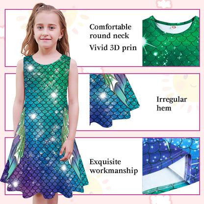 kids4ever Mädchen Kleid Ärmellos Sommerkleid Rundhals A-Linie Swing Kleid Meerjungfrau Galaxie Prinzessin Party Geburtstag 4-12 Jahre