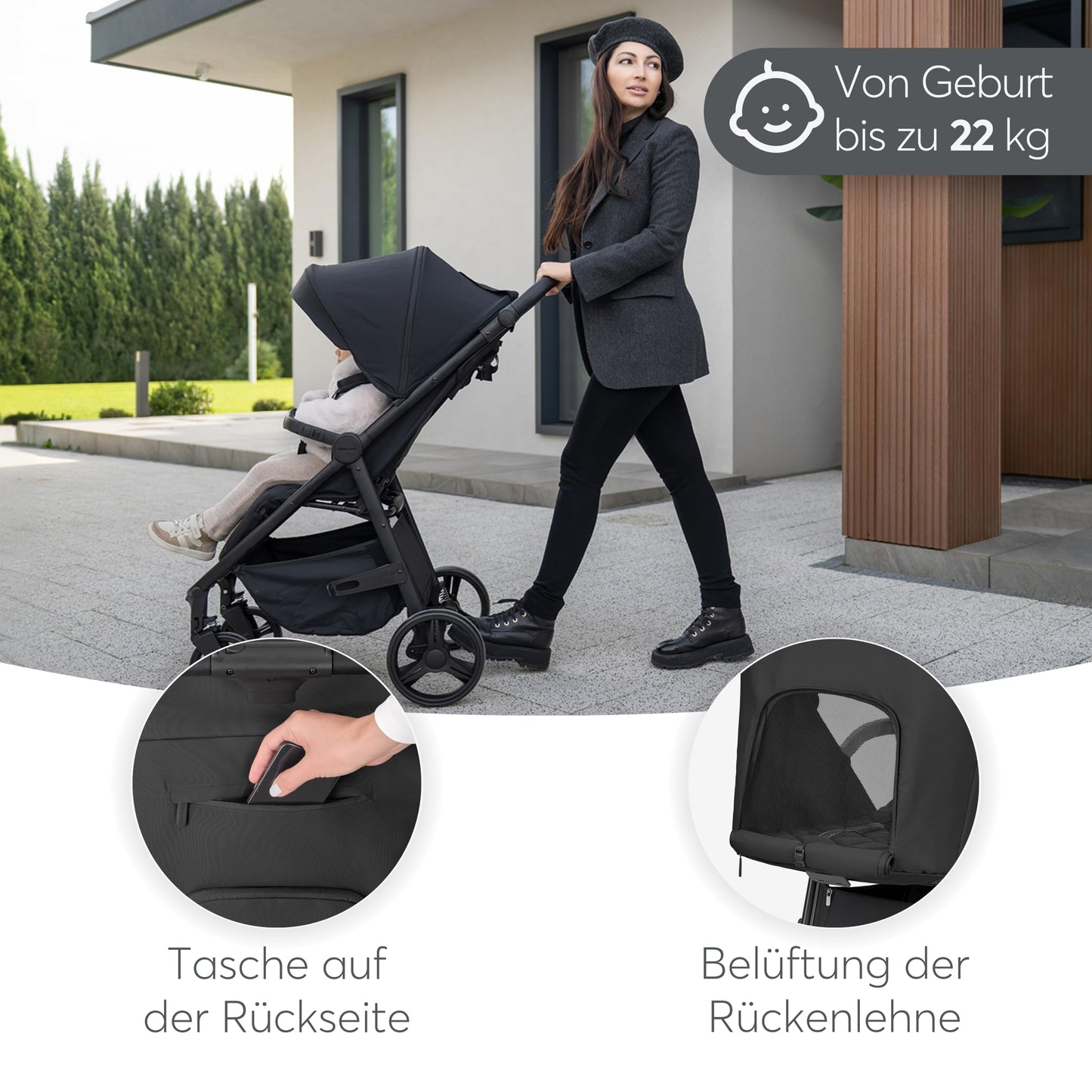 KikkaBoo Reisebuggy Kinderwagen URBAN, Buggy mit Liegefunktion ab Geburt bis 22 kg, Klein Zusammenklappbar, Leicht, EVA Räder mit Federung, Höhenverstellbarer Griff, Beige