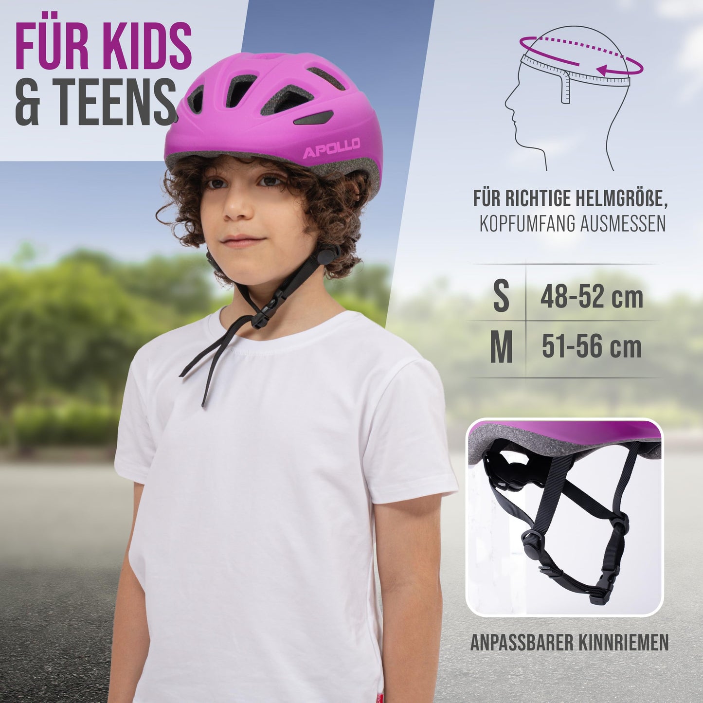 Apollo Kinder Fahrradhelm, Helm für Kinder & Jugendliche, Multisport Helm, Fahrradhelm Mädchen, Fahrradhelm Jungen, Kinderhelm ab 3 Jahre, Verstellbarer Kinder-Helm, ab Größe 48, für Fahrrad & Roller
