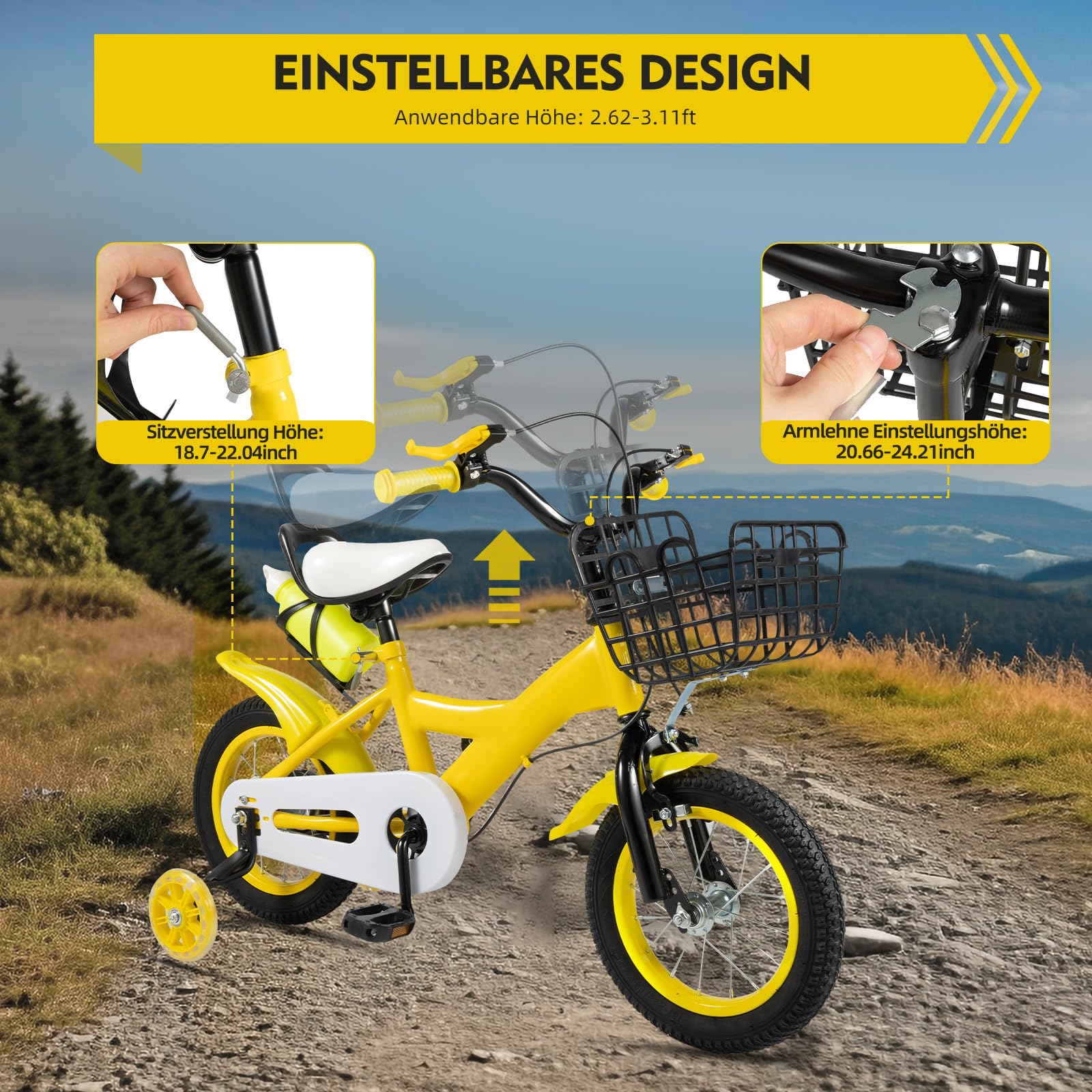 LKHDONG Kinderfahrrad 12 Zoll, Kinderrad für ab 2-4 Jahre, Tretfahrrad mit Stützräder und Korb, Kinder Fahrrad Mädchen Jungen, Fahrrad Kinder Höhenverstellbares - Meloni2