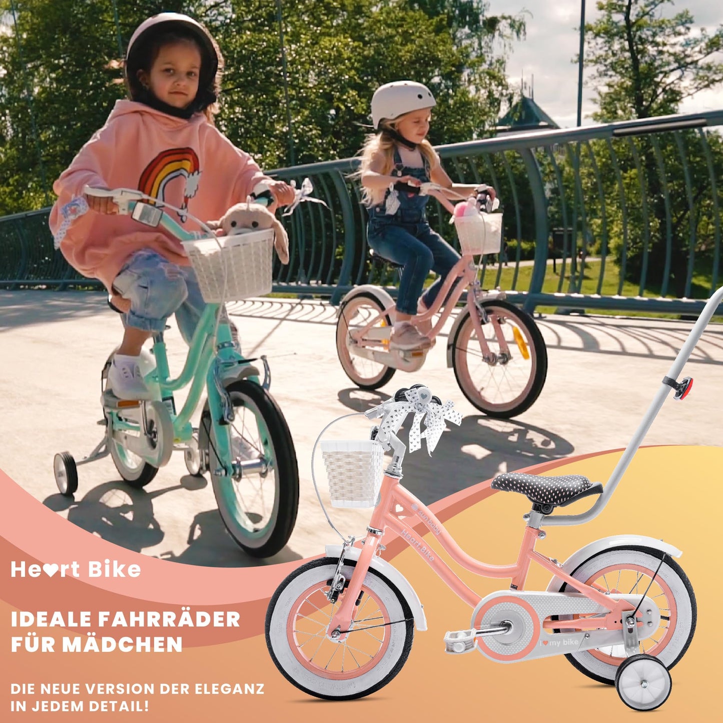 sun baby Mädchenfahrrad 12, 14 und 16 Zoll Radgröße Heart Bike zur Auswahl, mit Abnehmbarer Schubstange, Kinderfahrrad für Mädchen von 2 bis 6 Jahre