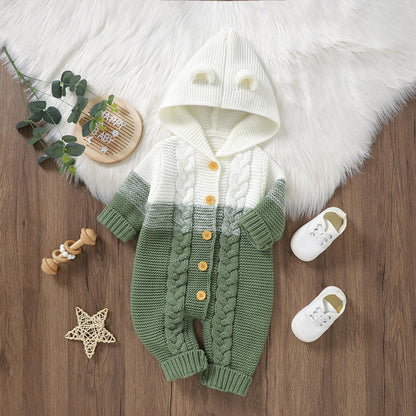 OBEEII Newborn Baby Knitted Romper Jumpsuit with Hood Ear Onesies Pullover Winter Warmer Onesie Bodysuit for Boys Girls