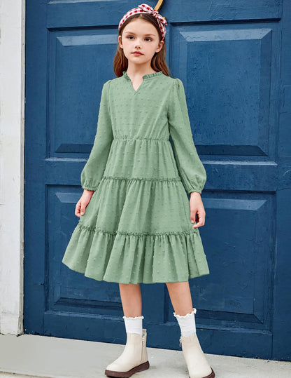 Arshiner Dress Girls Festive Flounce V-Neck Long Sleeve Dress Swiss Dot Chiffon Dress Children Tiered Dress A-Line Party Dress Wedding Princess Dress Swing Skater Dress 5-12 Years 