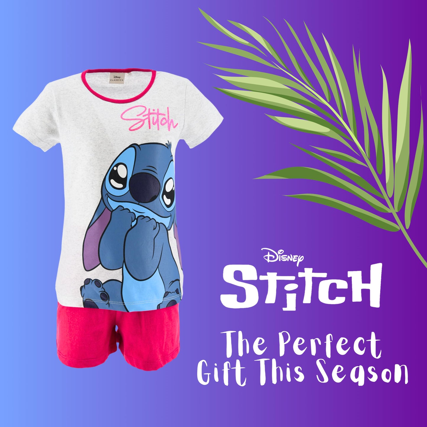 Disney Stitch Pyjamas für Mädchen, Stitch Design 2-Teiliges T-Shirt und Shorts-Set für Mädchen, Geschenk für Mädchen, Größen 6 bis 12 Jahre