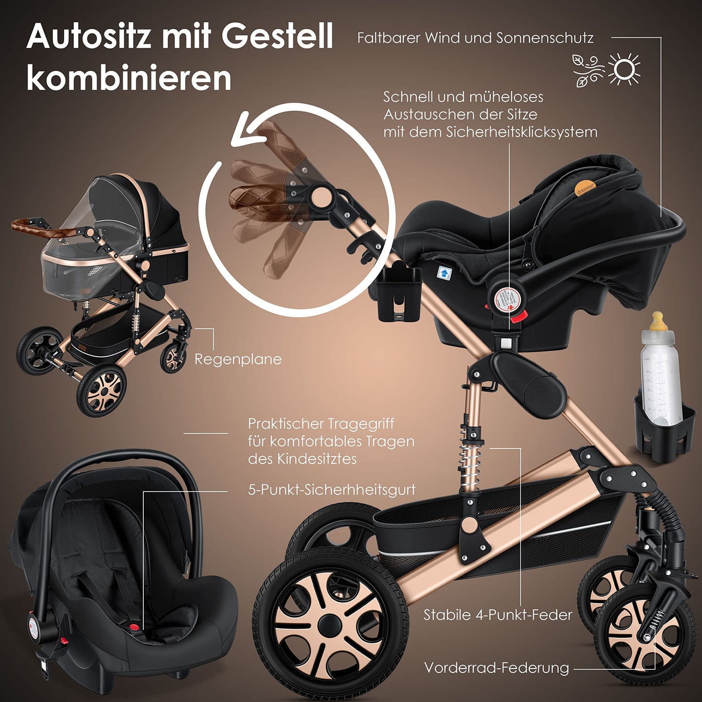 KESSER® Loops 3 in 1 Stroller Combi Stroller Complete Set including Carrycot &amp; Buggy Sports Seat &amp; Car Seat Solid Rubber Tires Changing Bag Rain Cover Children's Table ECE R129, Black/Champagne 