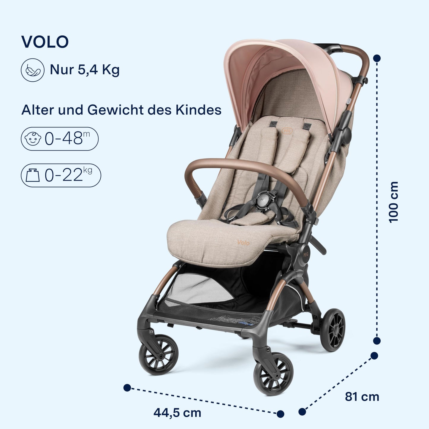 PEG Leichter Buggy Volo mit Regenschutz, Handgepäckgröße, Flugzeuggeeignet, Kompakt, Ab Geburt bis 22 kg, Reisetasche Inklusive, Malva