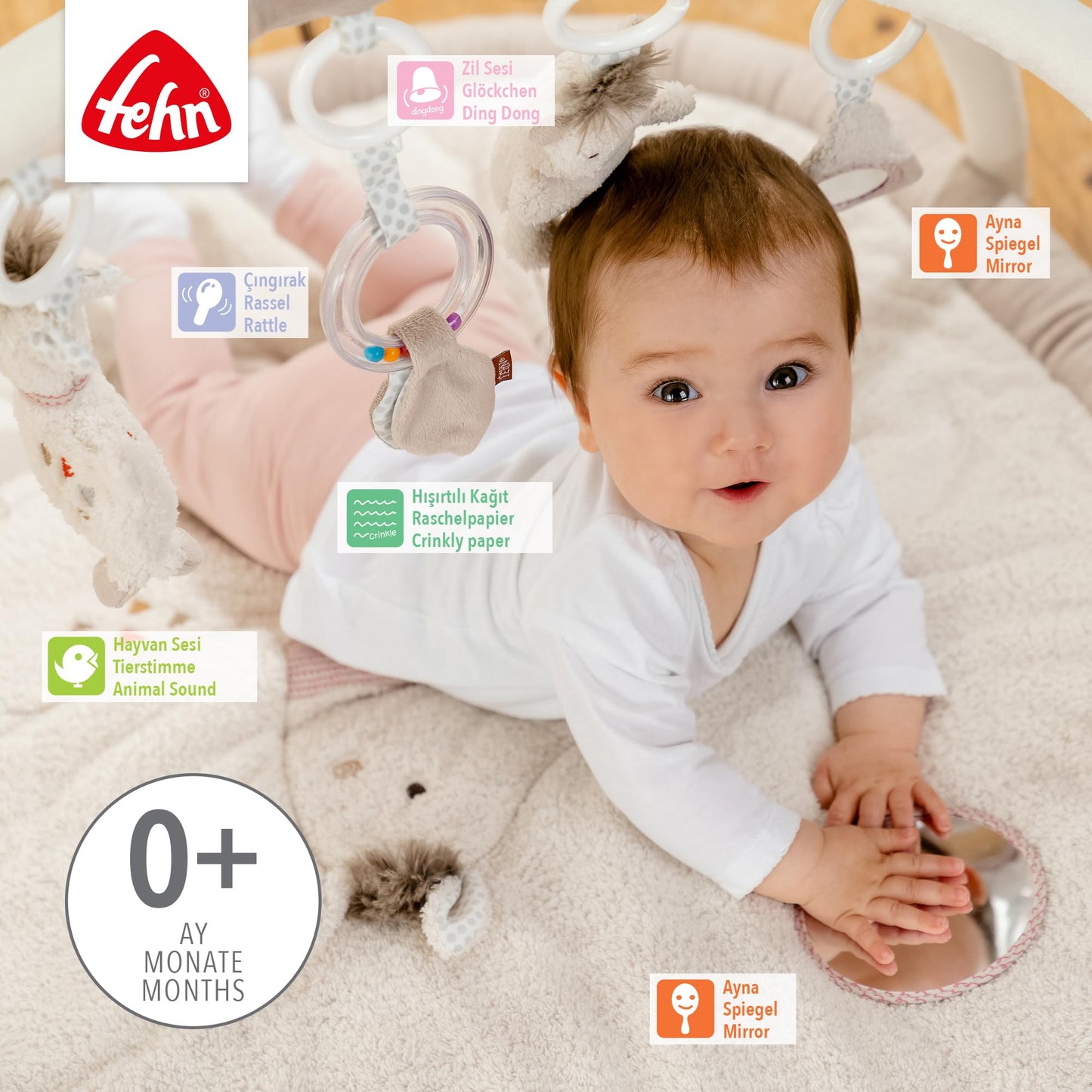 Fehn 3-D-Activity-Decke Spielbogen Peru – Baby Krabbeldecke mit 5 abnehmbaren Spielzeugen zum Greifen – Spieldecke für Babys und Kinder ab 0+ Monaten – Krabbelmatte als Geschenk zur Geburt