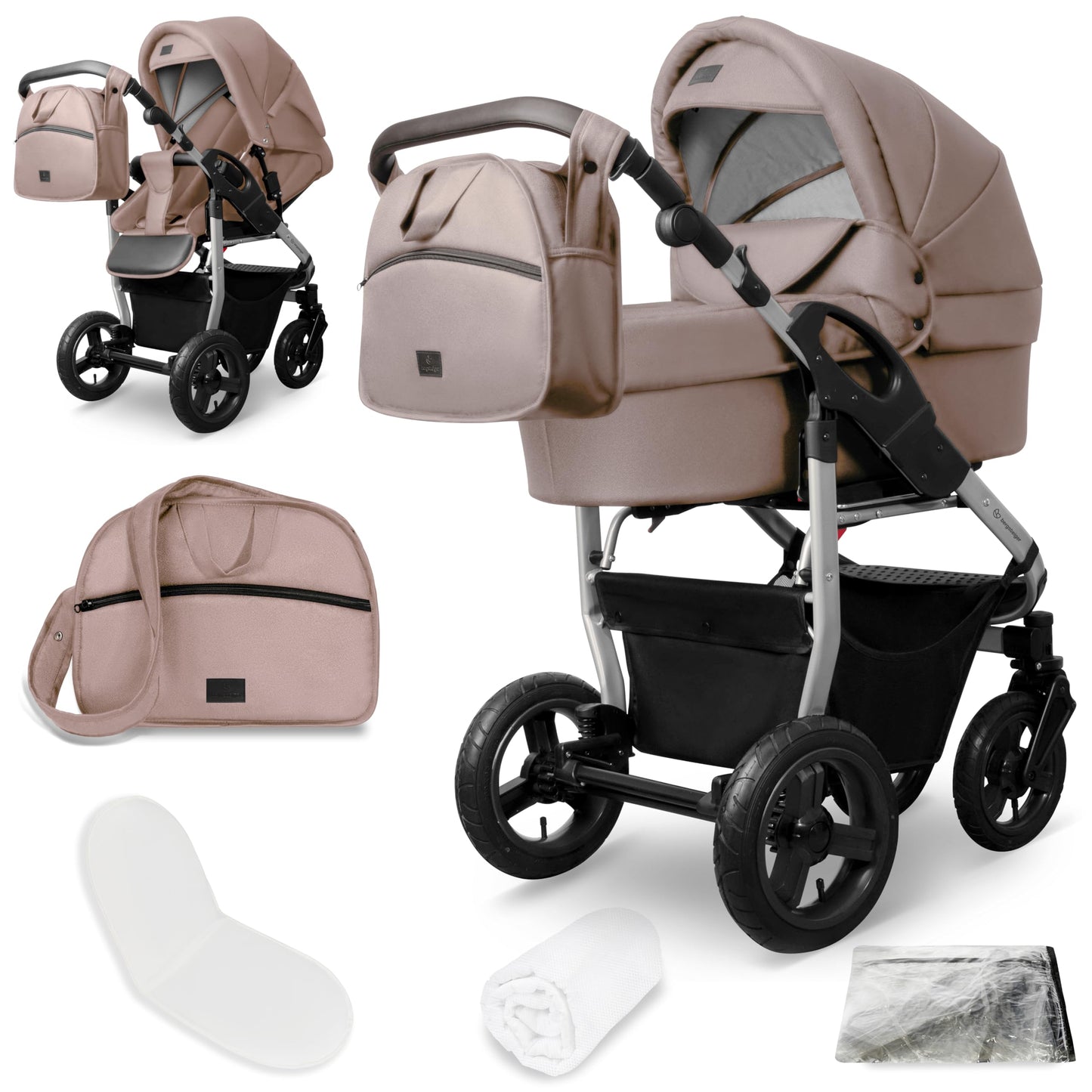 Bergsteiger Capri 3-in-1 Combination Pushchair - Baby Carrier, Sports Seat & i-Size Baby Seat, Pneumatic Tyres, Suspension, Height-Adjustable Handle, Foldable, Accessories